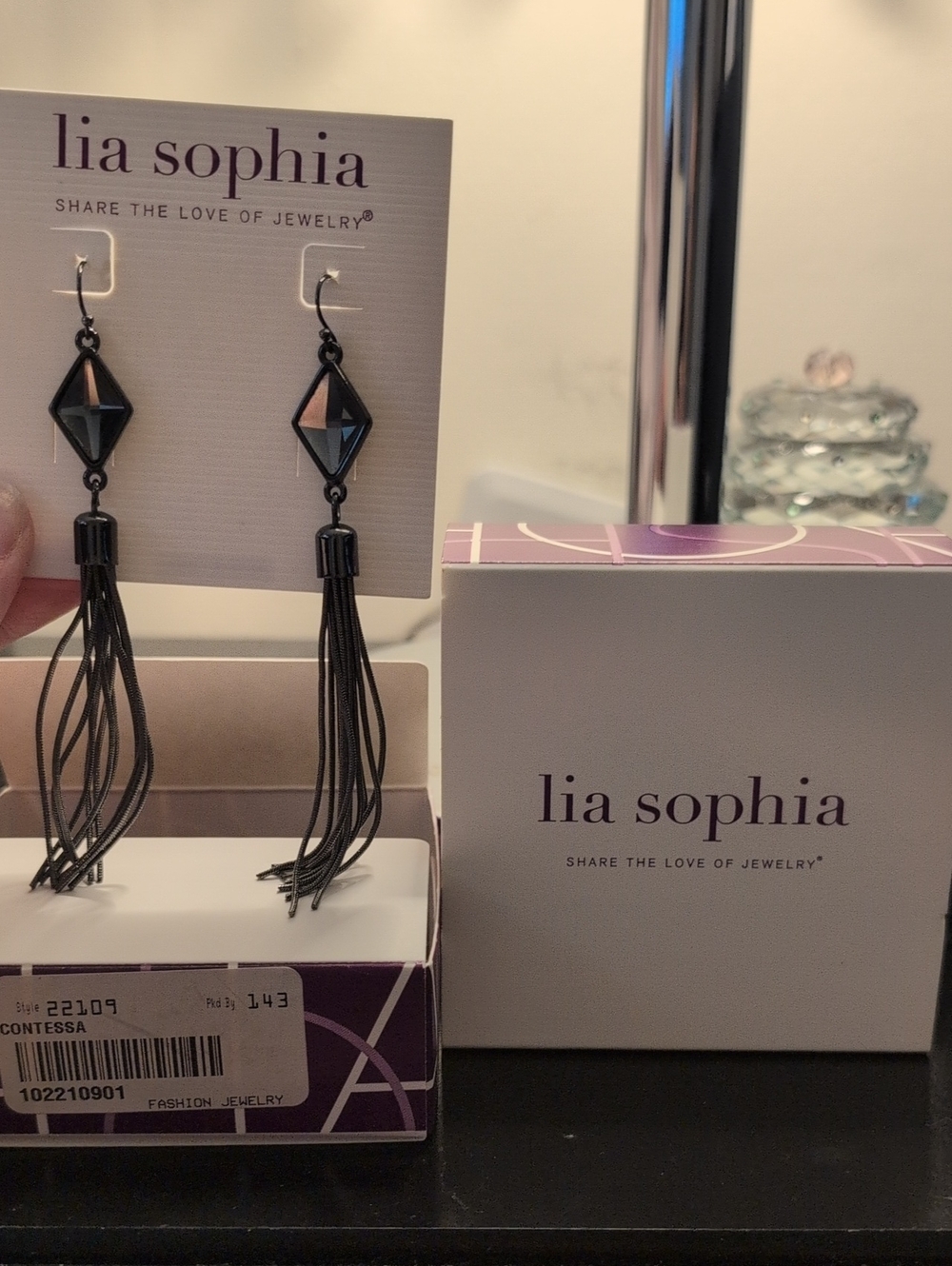 Lia Sophia Black Geometric Tassel Drop Earrings